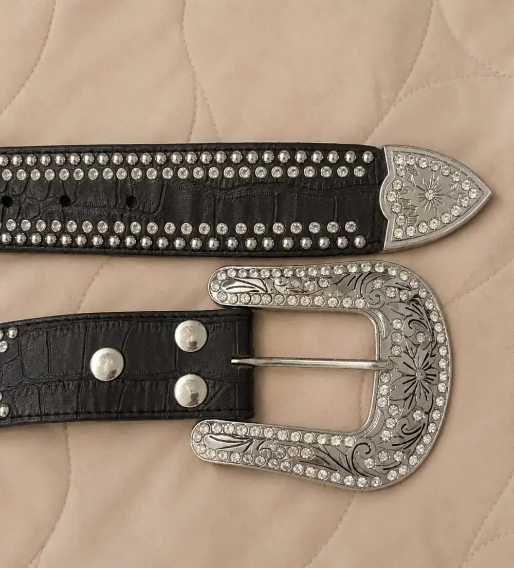 Nocona Black Croc Print Leather Belt Rhinestone Concho Western Cowgirl M
